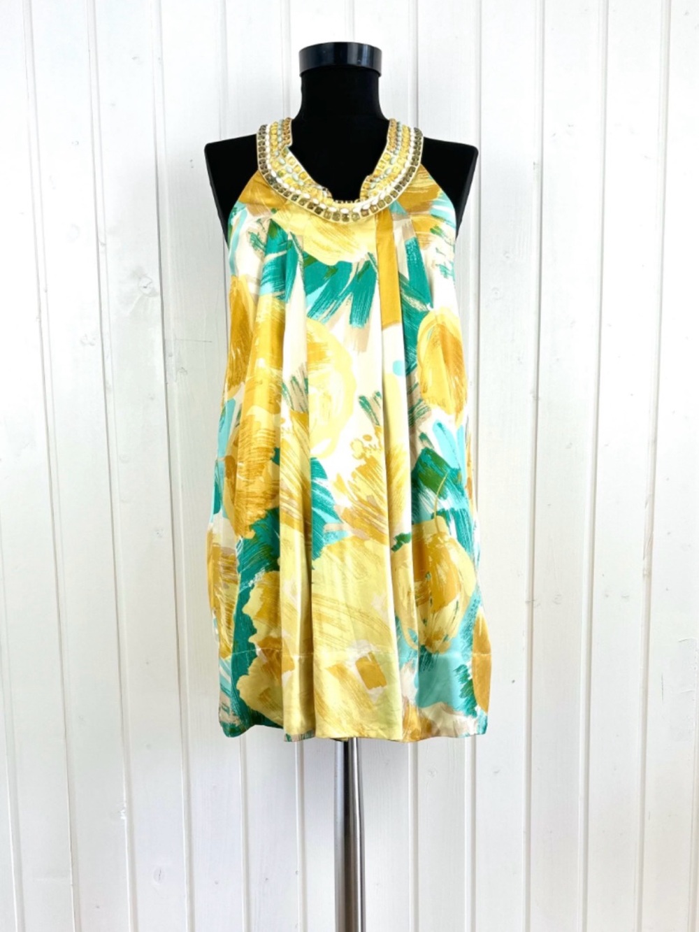 100% silk Beaded Halter Dress - Yellow, Teal, Cream